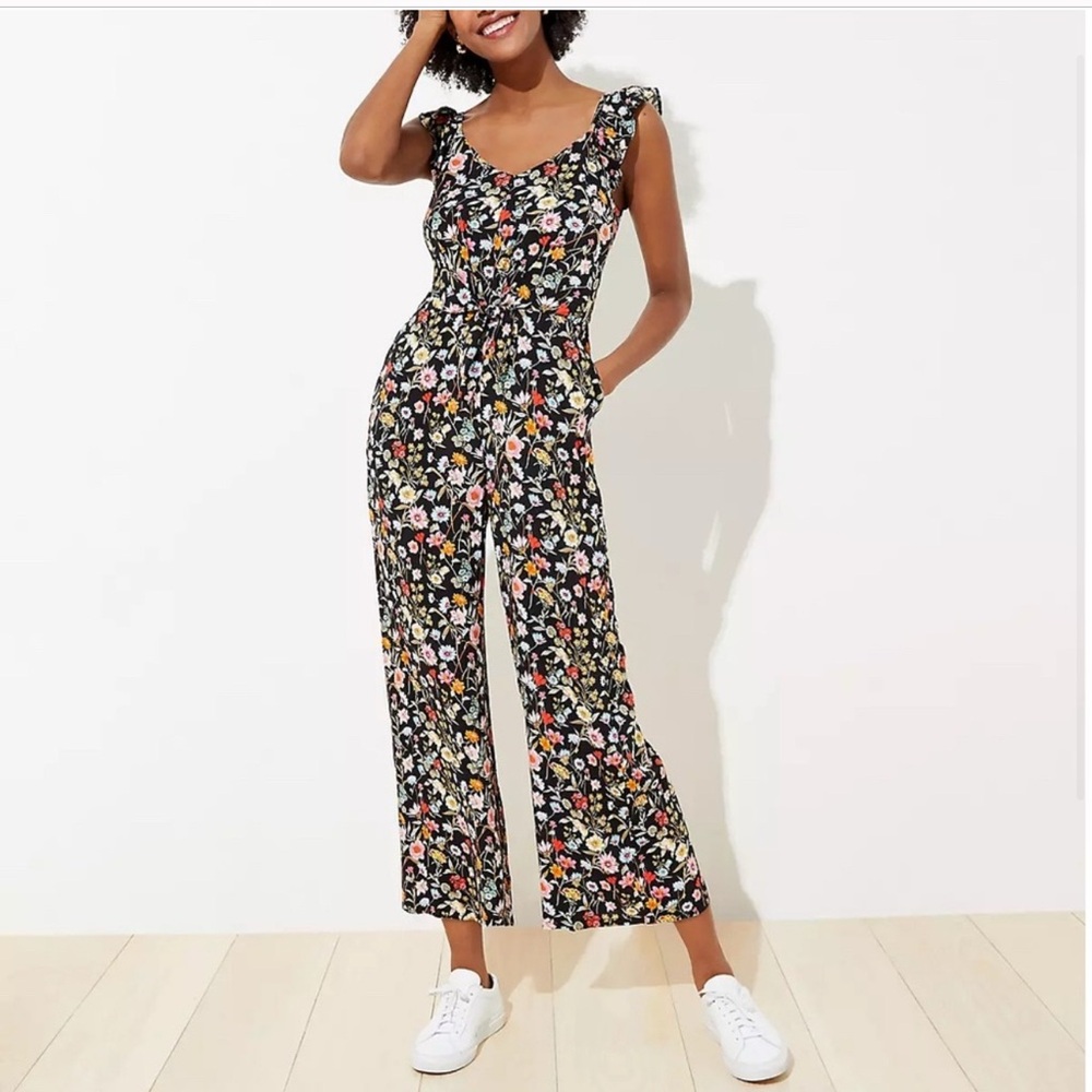 LOFT Black Floral Tie-Waist Jumpsuit with Ruffle Straps